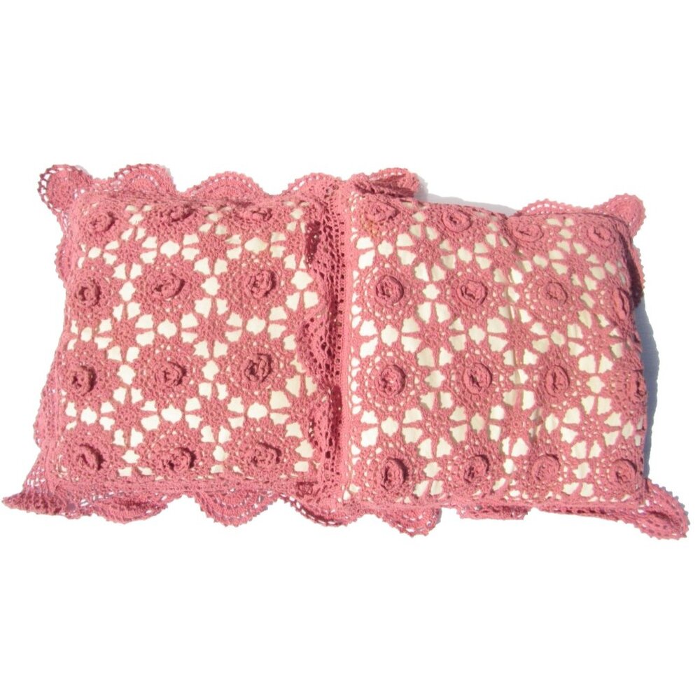 Vtg Decorative Crochet Thread Pink Rose Throw Pillow Grannycore Bedding Handmade
